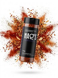 "Black cylindrical spice mix container, warm reddish-brown spice powder, aromatic seasoning blend for grilling and cooking."