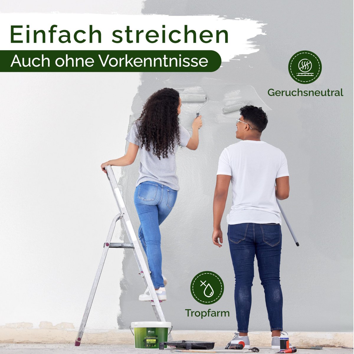 Veluxis® Wandfarbe Grau für den Innenraum - 2,5 Liter & Deckkraft-Klasse 1, Streifenfrei, tropfarm & Öko Farbe, VOC-frei - (Shady Spice)