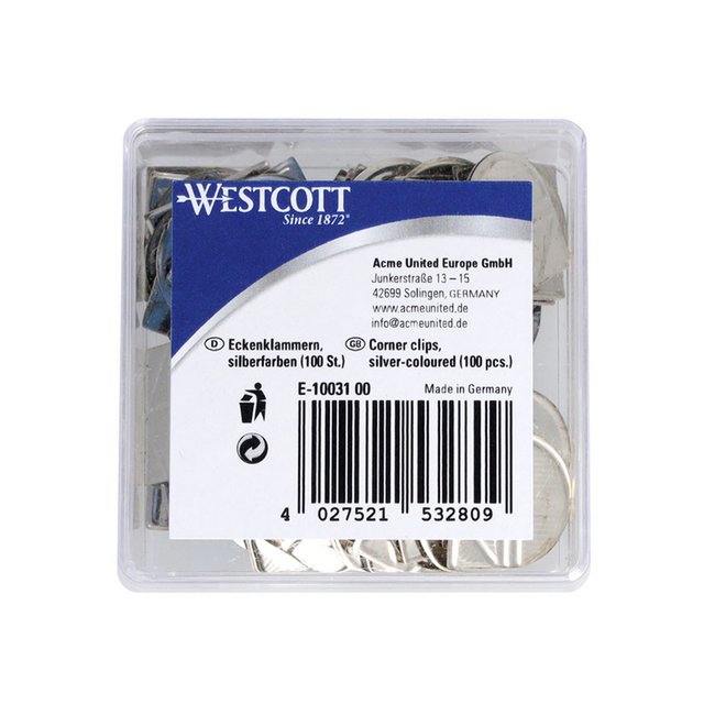 Clips de esquina Westcott de plástico plateado. caja 100 piezas