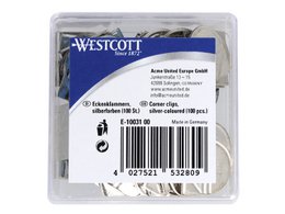 Clip per angoli Westcott in plastica argentata. scatola da 100 pezzi