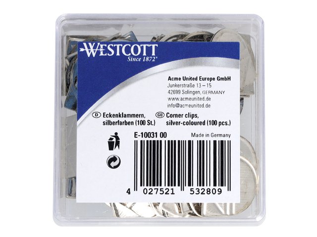 Clip per angoli Westcott in plastica argentata. scatola da 100 pezzi