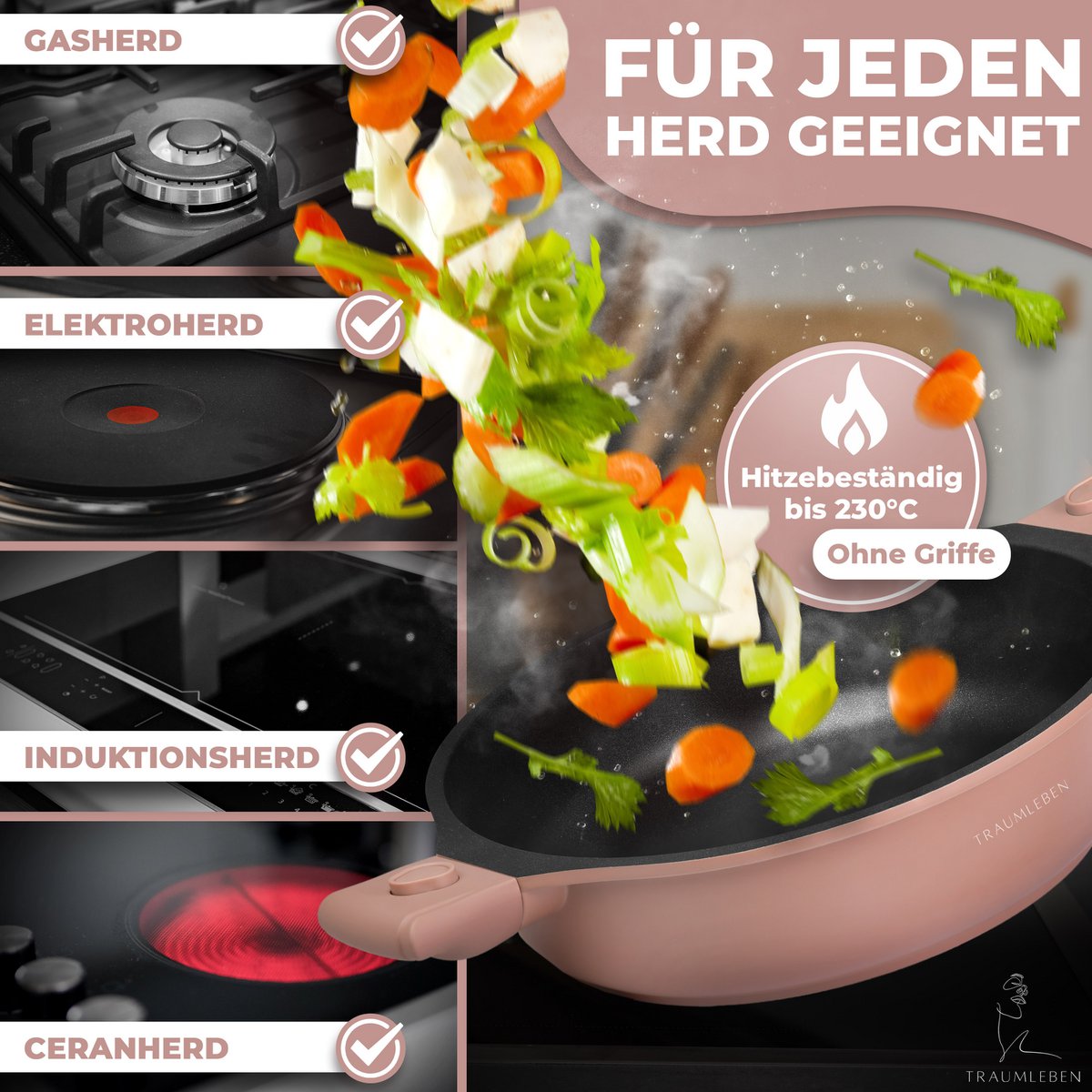 Froh Pan 28 cm, powłoka bez stałej, zdejmowane uchwyty, indukcja, festiwal piekarnika (różowy)