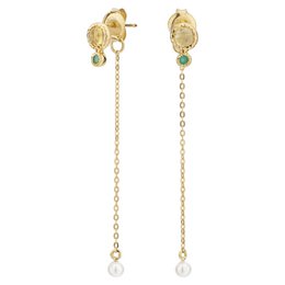 Long green onyx, citrine, and pearl drop earrings with a gold chain.