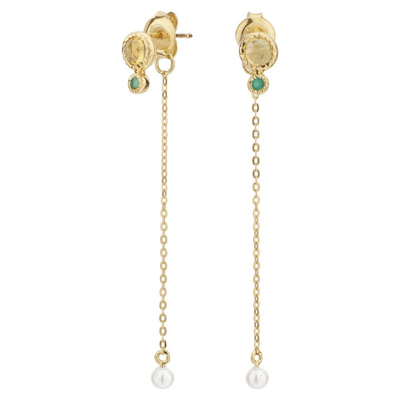 Long green onyx, citrine and pearl earrings