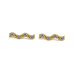 Gold-plated stud earrings with a wavy, curved design and embedded rhinestones.