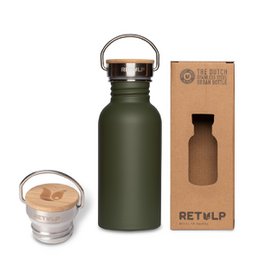 Stainless steel drinking bottle with bamboo cap, 500 ml capacity, in a green color. Suitable for travel and outdoor activities.