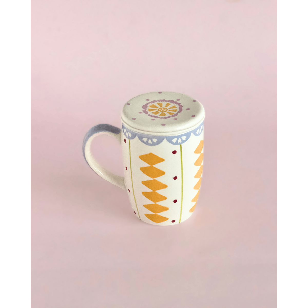 Tasse en céramique peinte à la main avec infuseur et couvercle - Motif floral, 385 ml
