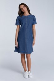 Women's denim dress in crystal blue color, available in sizes XS to XL.