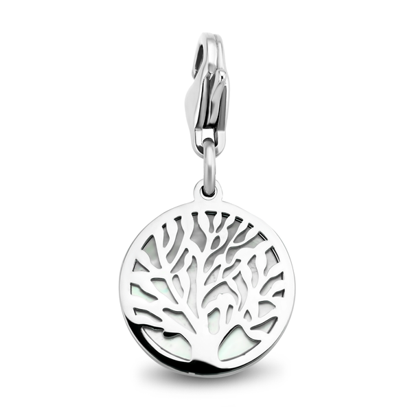 CO88 Collection Stalen Hanger - 15mm - Bedel - Charm - Rond met levensboom - Parelmoer - Zilverkleurig - 8CH-00010