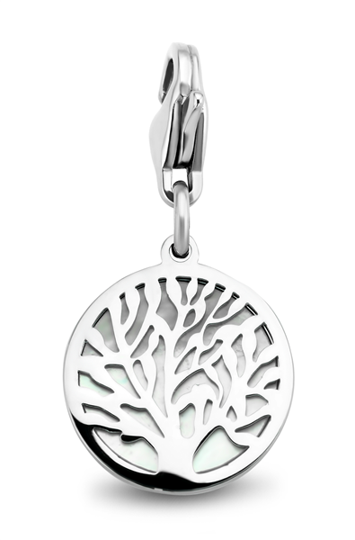 CO88 Collection Stalen Hanger - 15mm - Bedel - Charm - Rond met levensboom - Parelmoer - Zilverkleurig - 8CH-00010