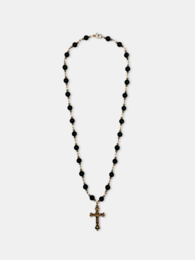 Gold cross pendant necklace with black beads, religious jewelry, long chain style.