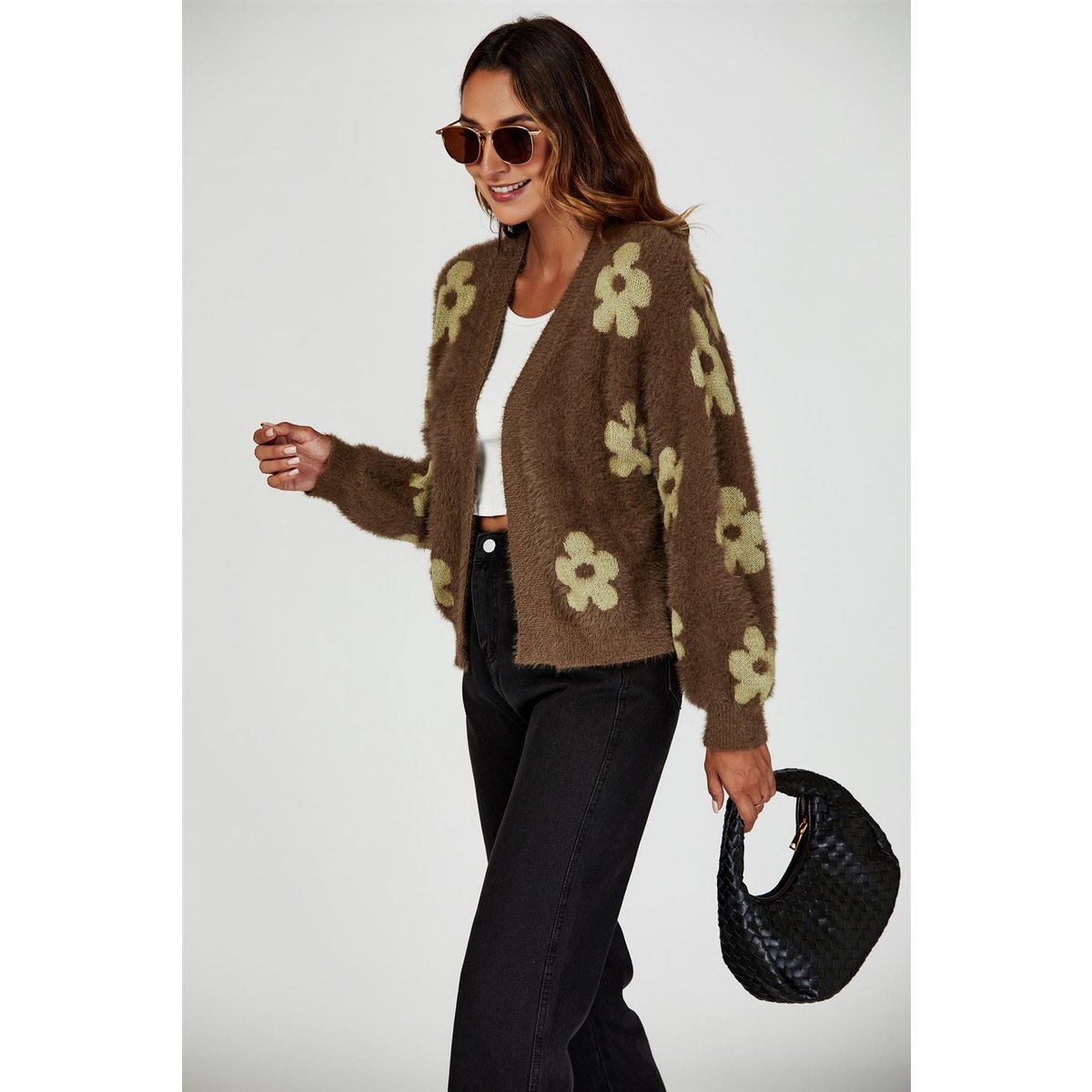 Flowers Pattern Knitted Cardigan In Brown