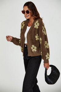 Blumenmuster Strickjacke in Braun gestrickt