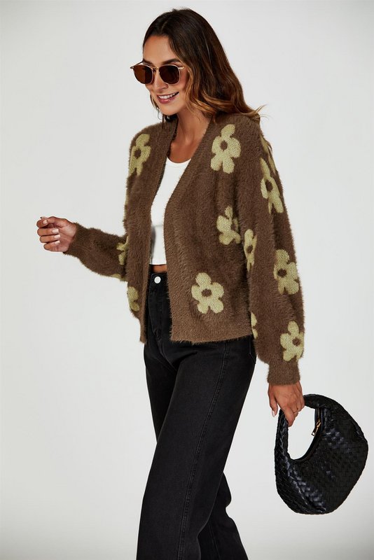 Blomster mønster strikket cardigan i brun