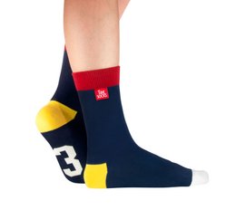 Navy blue socks with red and yellow geometric patterns, suitable for sizes L (43-46), M (39-42), and S (35-38).