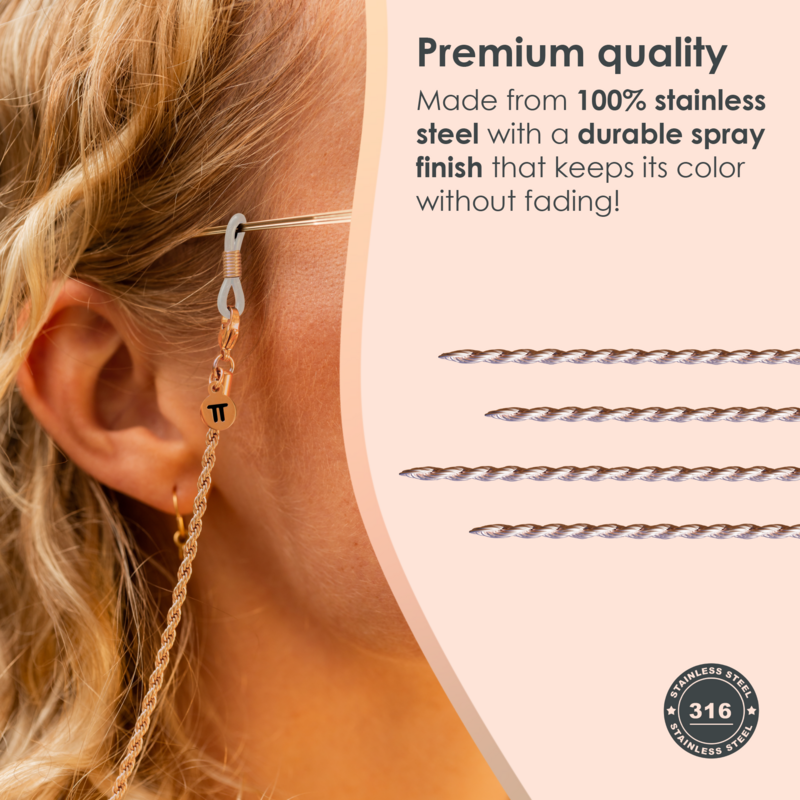Glasses Cord Woven Rose Gold — 100% Stainless Steel & Unisex Eyewear Cords for Women and Men — Glasses Chain with Extra Loops — Brillenkoord Brillenband Brillenkette Cordon de Lunettes Cordón Para Gafas