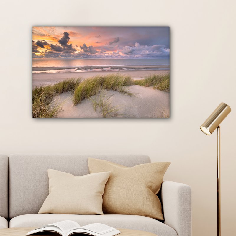 Lærredsmaleri - vægdekoration - solnedgang - klit - strand - planter - hav