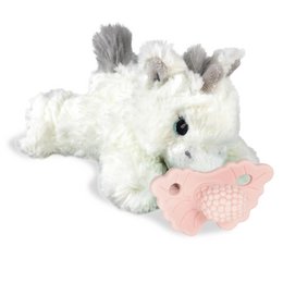Soft and cuddly white unicorn plush toy with pink accents. Features a plush body, fuzzy mane and tail, and a pink teat.