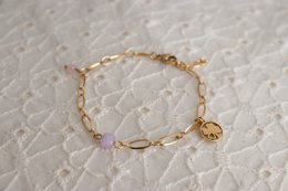 Pulsera de calcedonia, cuarzo rosa y trébol de cuatro hojas - Oro