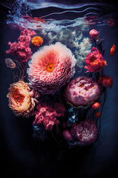 Vibrant magenta flowers floating in a dark, moody underwater scene. The flowers appear to be dahlias or similar blooms, surrounded by bubbles and a sense of movement and depth.