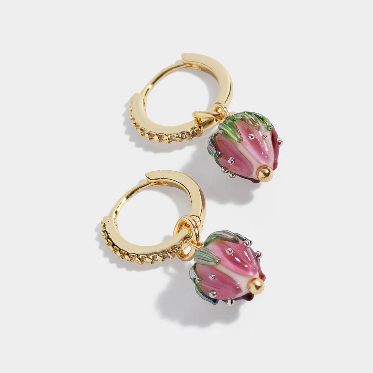 Glass floral pendant earrings mini hoops gold plated