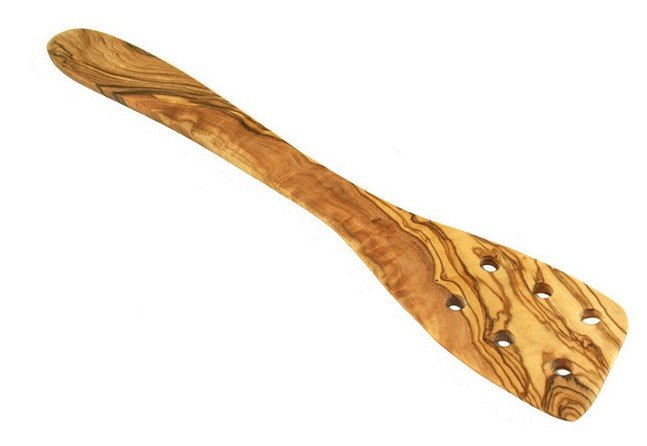 Keukenspatel 30 cm met gaten gemaakt van olijfhout