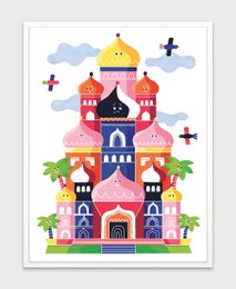 Colorful, whimsical poster featuring a fantasy castle with turrets, domes, and decorative elements. The castle is surrounded by trees and clouds, creating a magical, storybook-like scene. This poster would be suitable for a child's bedroom or playroom.
