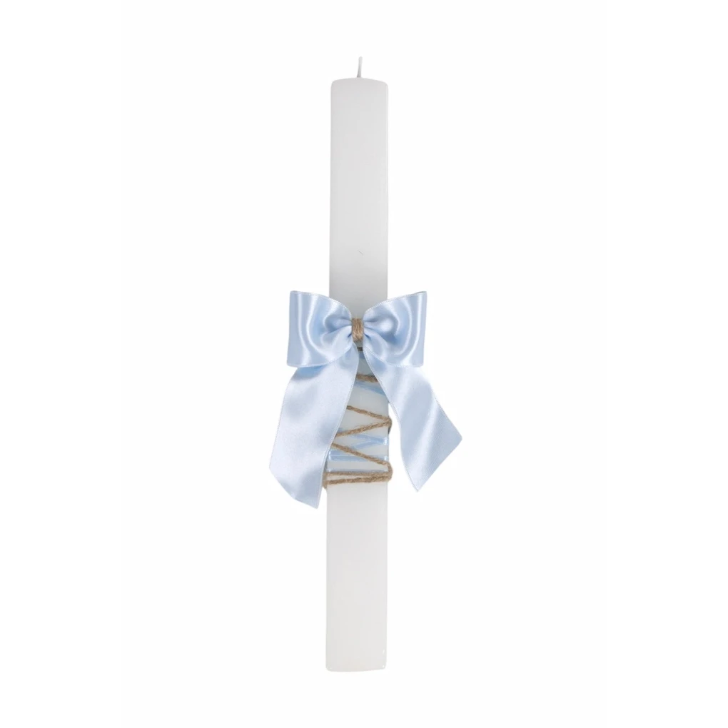 Bougie de baptême carrée avec noeud en satin bleu