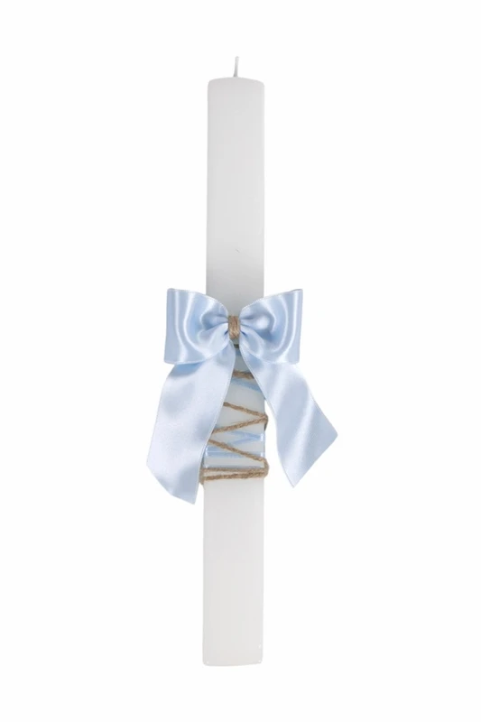 Bougie de baptême carrée avec noeud en satin bleu