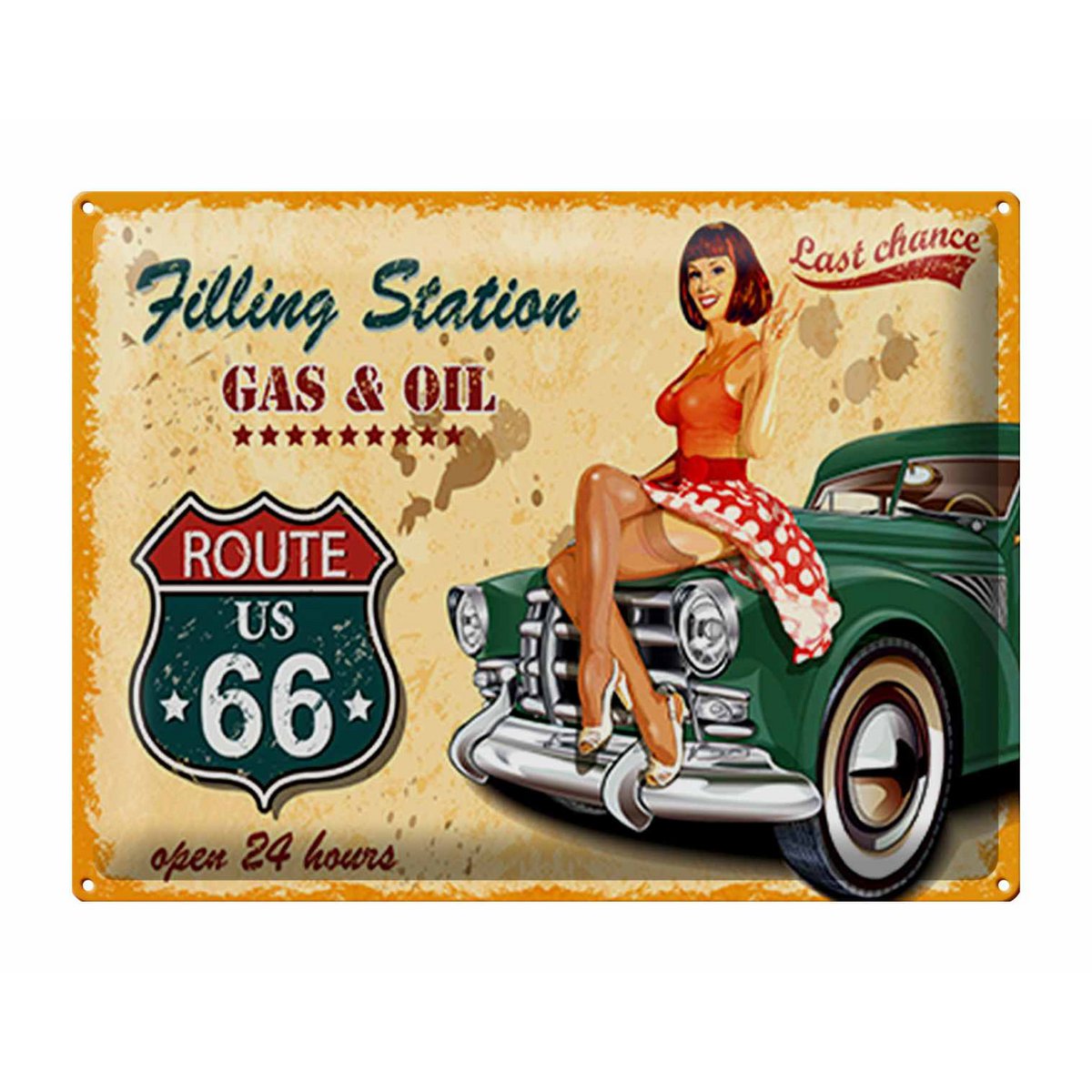 Blechschild Pinup 40x30cm Retro Gas Oil open 24 hours