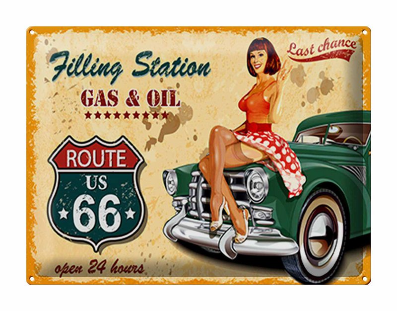 Blechschild Pinup 40x30cm Retro Gas Oil open 24 hours