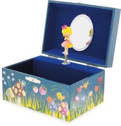 A colorful, whimsical music box featuring a frog-themed design with a figurine inside. The box has a floral and nature-inspired pattern in shades of green, blue, and yellow.