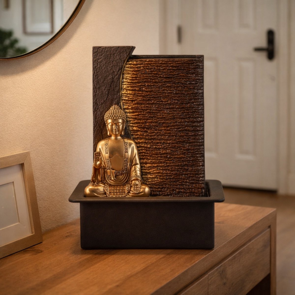 Zimmerbrunnen – Jati – abnehmbare Buddha-Statue – weißes LED-Licht – Zen und entspannende Atmosphäre – einfach zu bedienen