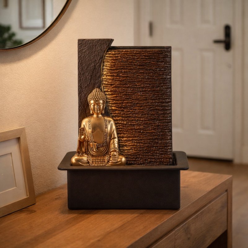 Zimmerbrunnen – Jati – abnehmbare Buddha-Statue – weißes LED-Licht – Zen und entspannende Atmosphäre – einfach zu bedienen