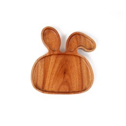 Wooden kids plate in the shape of a rabbit, featuring a round, shallow design with rabbit ears and a cute face. Made of natural khaya wood, this plate is perfect for serving meals or snacks to children.
