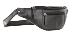 Black leather shoulder bag with multiple zippered compartments.