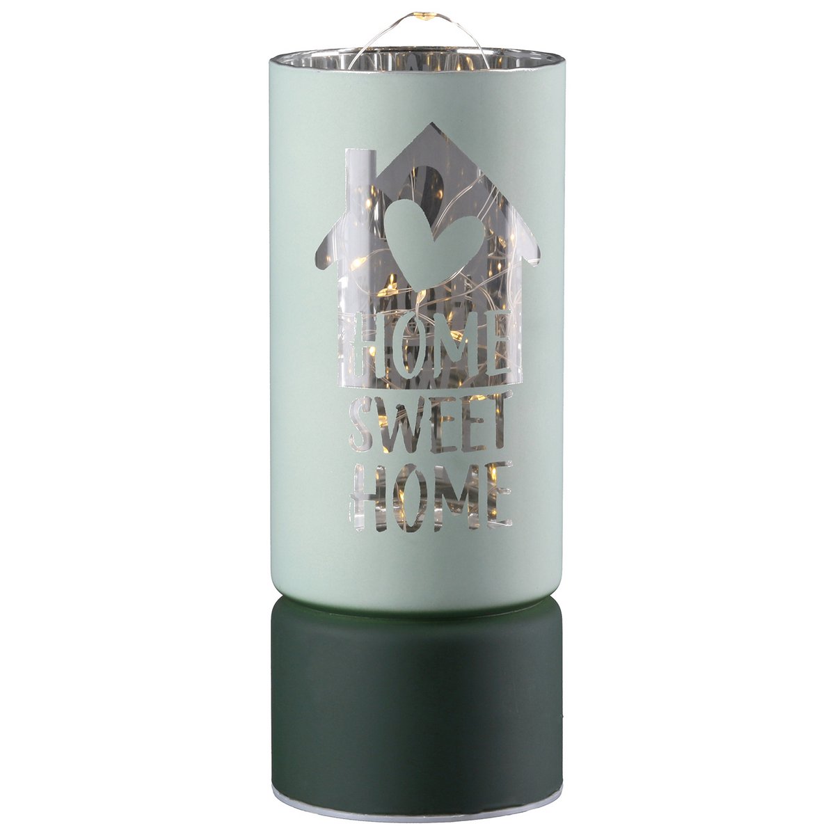 Windlicht (LED), zylindrisch, "Sweet Home", Hausmotiv, Spruch, Glas, hellgrün, dunkelgrün, VE 8, 2fach sortiert, H. 15 cm, D. 7 cm