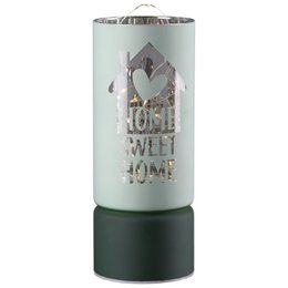 Windlicht (LED), zylindrisch, "Sweet Home", Hausmotiv, Spruch, Glas, hellgrün, dunkelgrün, VE 8, 2fach sortiert, H. 15 cm, D. 7 cm