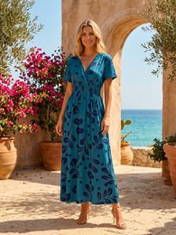 "Summer Flamboyant" Maxikjole – impressionistisk blomsterprint og smocket talje – 610-10