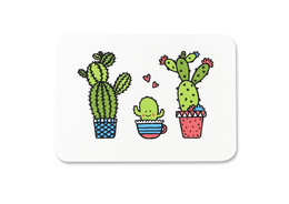 Colorful cactus family illustration on a greeting card. Includes three potted cacti in different shapes and sizes, with polka dot and striped patterns.