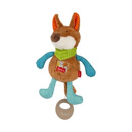 Plush fox-shaped music box toy with colorful accents and a rattle feature, suitable for babies and young children.