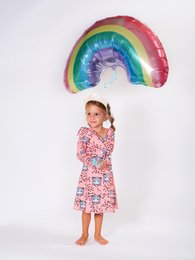 Colorful floral print dress for girls, available in multiple sizes. Features long sleeves and a flowing, knee-length skirt. Ideal for everyday wear or special occasions.
