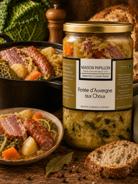  "Canned meat potée with cabbage, traditional French dish, glass jar with gold lid, rustic presentation"