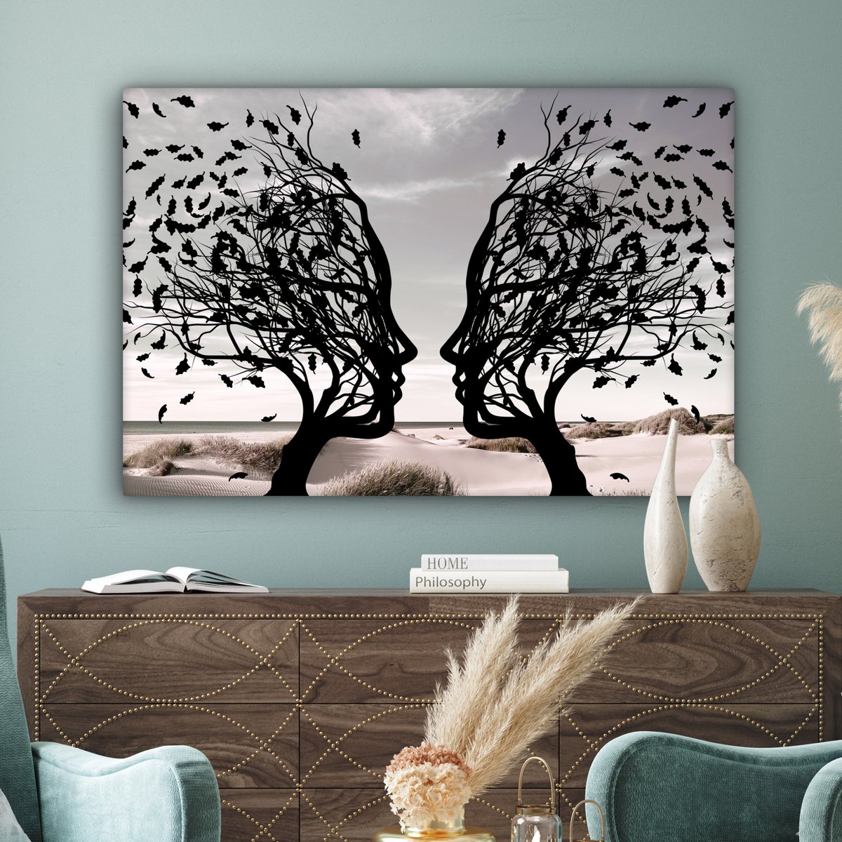 Canvas schilderij  - Wanddecoratie Bomen - Gezicht - Bladeren - Moderne kunst - Muurdecoratie woonkamer - Kamer decoratie modern - Abstracte schilderijen