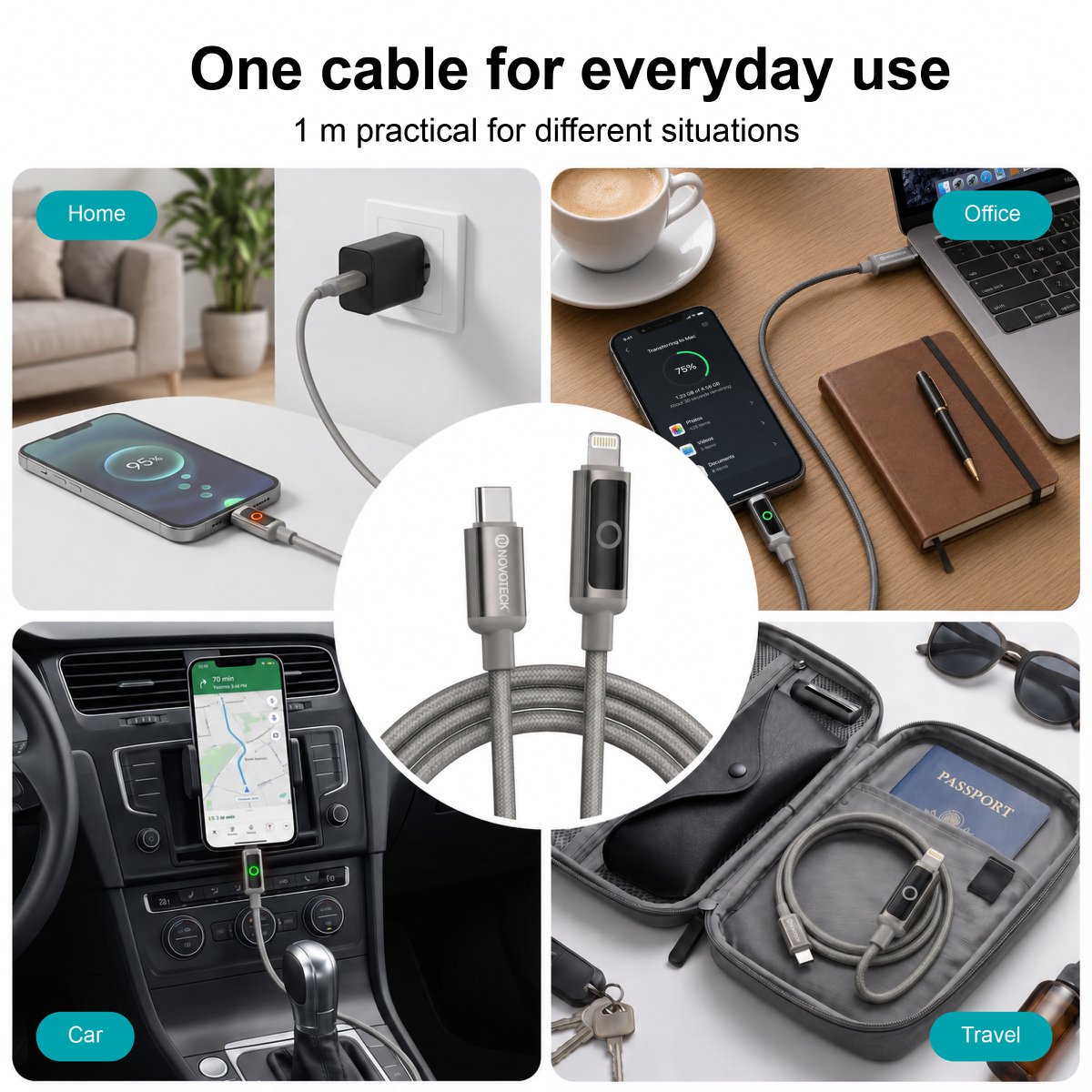 Cable NOVOTECK S-144 USB-C a Lightning: carga rápida de 30 W, 1 m, indicador LED y transferencia de datos