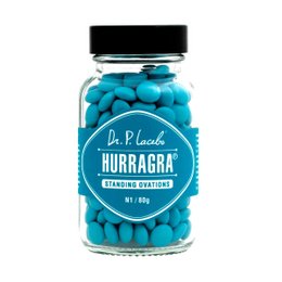 Chocolate-coated dragées in a blue bottle labeled "Hurragra" by Dr. P. Lacebo. The product is categorized as a supplement.