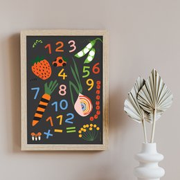 Colorful educational wall art poster featuring numbers, shapes, and nature-inspired elements. Suitable for children's room or nursery decor.