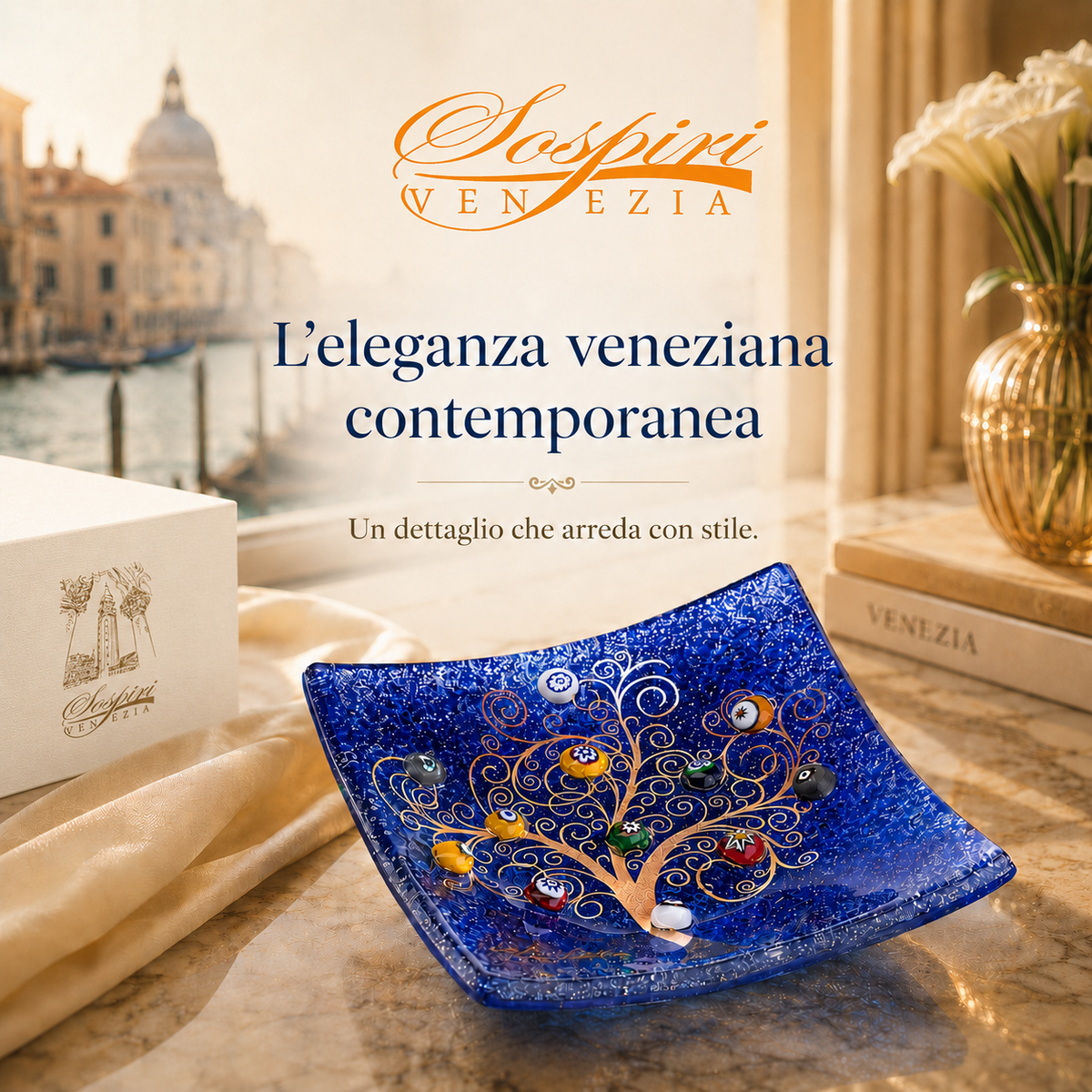 Quadratschüssel in Murano -Glas, Geschenkidee, Gefälligkeiten, goldener Dekoration des Lebens und Murrine di Murano