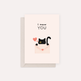 Eco greeting card with a black cat and heart design, perfect for expressing love and affection.