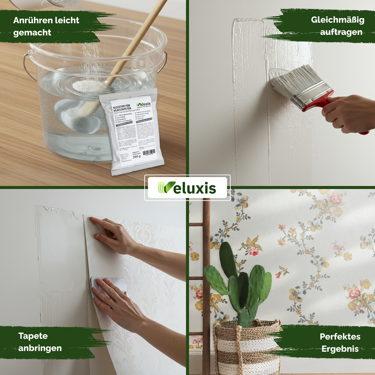 Vliestapetenkleister, Tapetenkleber – Kleister Vliestapete, gebrauchsfertig in 10 Min, STARKE KLEBKRAFT, 1 Beutel reicht für 30 m², fleckenfrei & korrigierbar